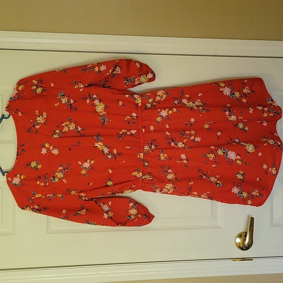 Women's Medium Quarter sleeve Dress. Orange with floral print design. - Picture 2 of 14